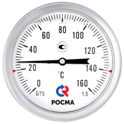 Термометр РОСМА БТ-51.220-64 Дкорп=100мм 10 МПа кл. 1,5 G1/2" Траб = 0...+300°C биметаллический коррозионностойкий готовый к гидрозаполнению, осевой УТ-00050250