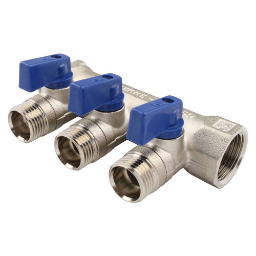 Коллектор распределительный Tiemme Nino 1820003 3 отвода ВР-НР 3/4"х1/2" DN 20 PN 16 с шаровыми кранами синяя рукоятка модульный 1