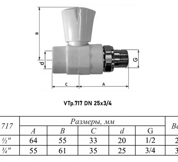 Кран шаровый VALTEC VTp.717 НР 3/4" DN 25x20 PN 25 с накидной гайкой полипропиленовый 2