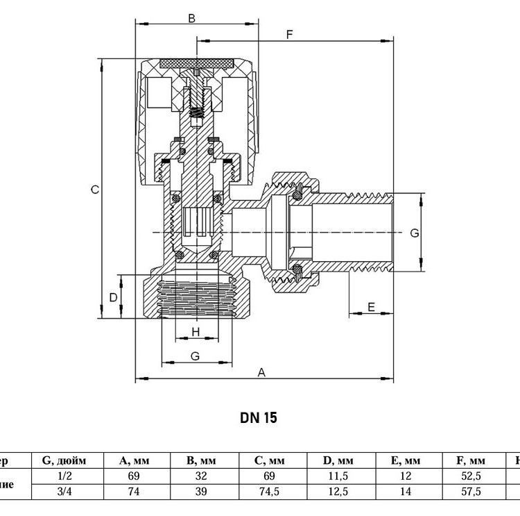 Клапан радиаторный VALFEX VF.07.RN ВР-НР 1/2" DN 15 PN 10 ручной угловой 2