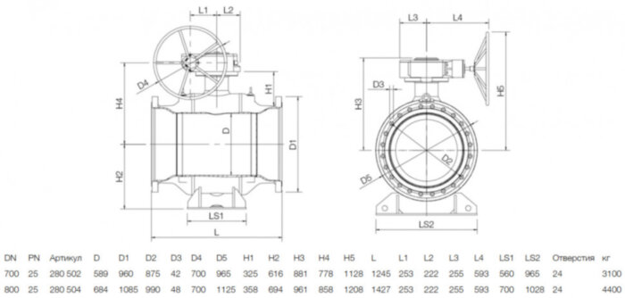 Кран шаровой NAVAL 280504 DN 800 PN 25 стальной стандартнопроходный фланцевый для газа с редуктором