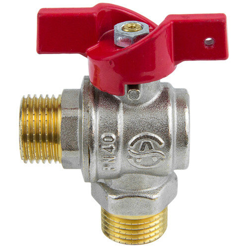 Кран шаровой латунный угловой Aquasfera EURO 1010 DN 15 PN 40 резьба - 1/2'', покрытие - никель, полнопроходной цапковый резьбовой НР-НР, ручка-бабочка красная 1010-01