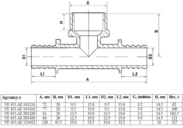 Тройник надвижной VALFEX VF.433.AF НР 3/4" Ду 20х20 Ру 16 переход на наружную резьбу, латунный
