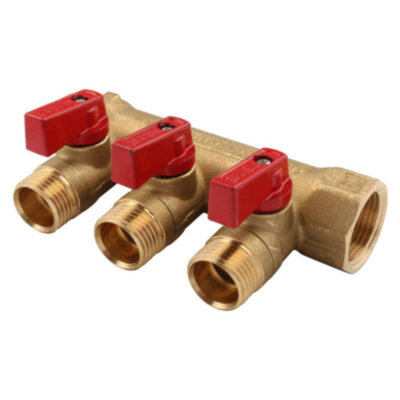 Коллектор распределительный Tiemme Nino 1820001 3 отвода ВР-НР 3/4"х1/2" DN 20 PN 16 с шаровыми кранами красная рукоятка модульный