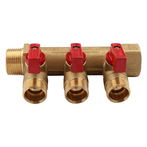 Коллектор распределительный Tiemme Nino 1820001 3 отвода ВР-НР 3/4"х1/2" DN 20 PN 16 с шаровыми кранами красная рукоятка модульный