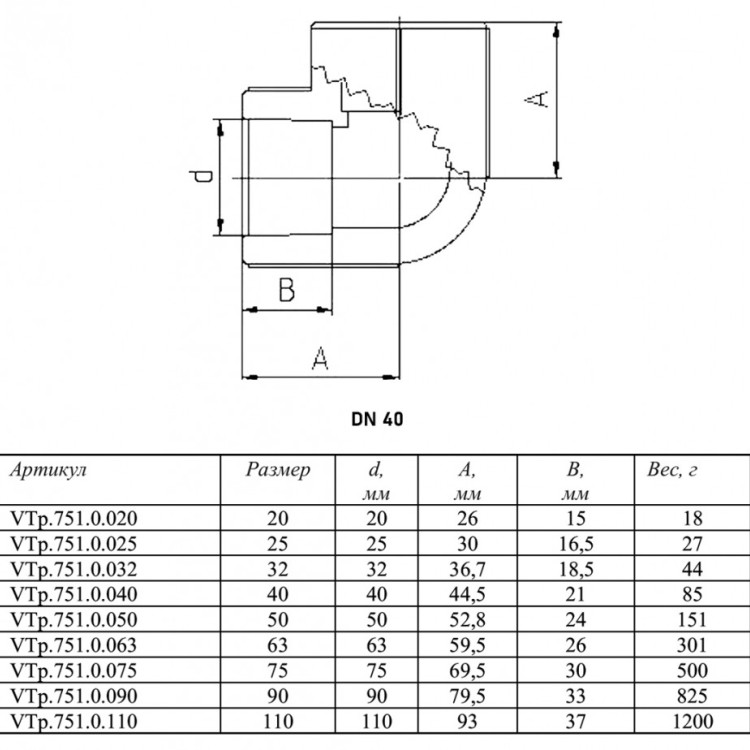 Угольник 90 градусов VALTEC VTp.751 DN 40 PN 25 полипропиленовый 2