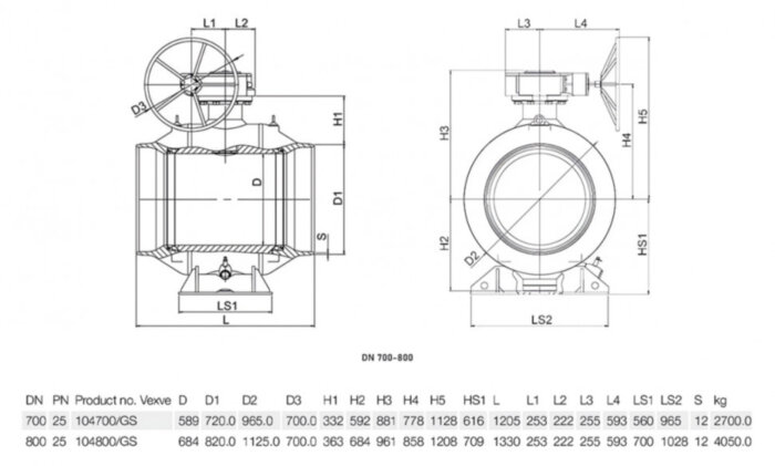 Кран шаровой Vexve 104/GS800 DN 800 PN 25 стальной стандартнопроходный под приварку для жидкости, с ручным редуктором