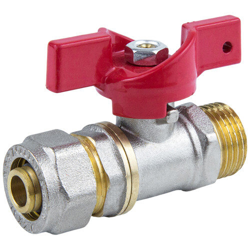 Кран шаровой латунный для МП трубы Aquasfera EURO 1017 DN 20 Dтр 20 PN 16 резьба - 3/4'', покрытие - никель, неполнопроходной резьбовой НР/компрессионный, ручка-бабочка красная 1017-03