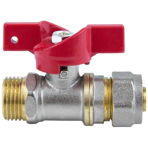 Кран шаровой латунный для МП трубы Aquasfera EURO 1017 DN 20 Dтр 20 PN 16 резьба - 3/4'', покрытие - никель, неполнопроходной резьбовой НР/компрессионный, ручка-бабочка красная 1017-03