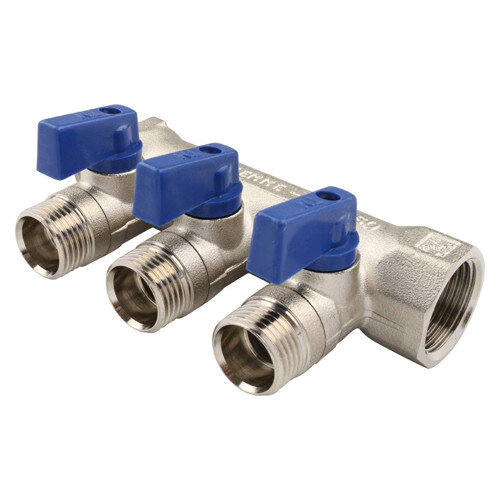 Коллектор распределительный Tiemme Nino 1820003 3 отвода ВР-НР 3/4"х1/2" DN 20 PN 16 с шаровыми кранами синяя рукоятка модульный