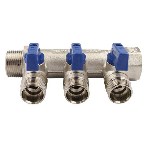 Коллектор распределительный Tiemme Nino 1820003 3 отвода ВР-НР 3/4"х1/2" DN 20 PN 16 с шаровыми кранами синяя рукоятка модульный