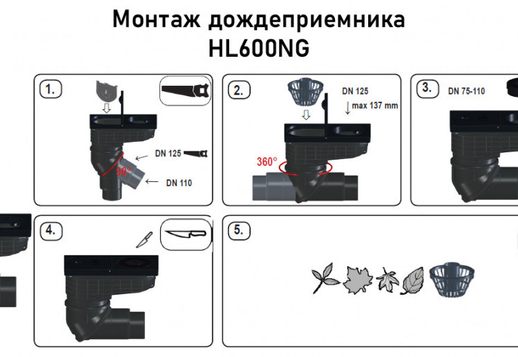 Дождеприёмник HL600NG DN110/125 с чугунным верхом, с 2-мя шарнирными соединениями 3