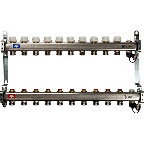 Коллектор STOUT без расходомеров с клапаном вып. воздуха и сливом 10 выходов