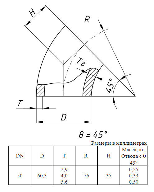 Отвод стальной 45-1-60,3х5,6-Ст.20 ГОСТ 17375-2001 бесшовный крутоизогнутый