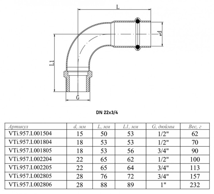 Отвод 90 градусов VALTEC VTi.957.I НР 3/4" DN 22x20 PN 16 нержавеющая сталь