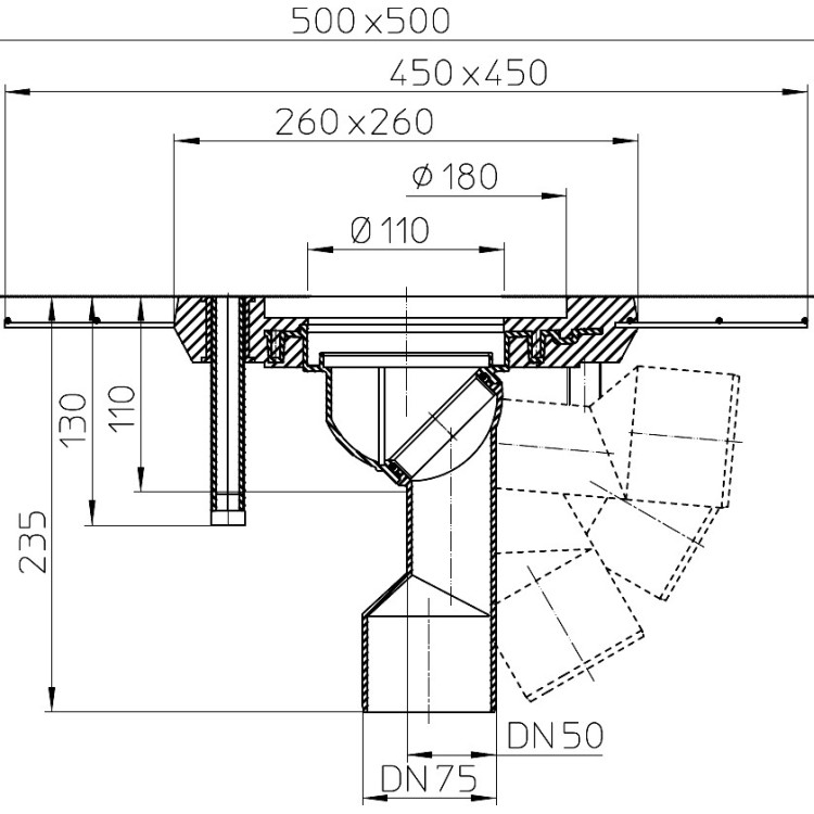 Корпус трапа HL80CК DN50/75 поворотный шарнир, консоль из полимербетона 2