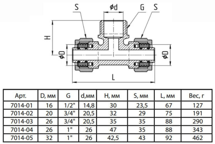 Тройник латунный Aquasfera 7014 DN 20х20 PN 16 резьба - 3/4'', покрытие - никель, с креплением, резьбовой НР/компрессионный, 7014-02