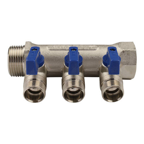 Коллектор распределительный Tiemme Nino 1820007 3 отвода ВР-НР 1"х1/2" DN 25 PN 16 с шаровыми кранами синяя рукоятка модульный