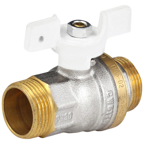 Кран шаровой латунный Aquasfera Standard 1105 DN 15 PN 40 резьба - 1/2'', покрытие - никель, неполнопроходной резьбовой НР-НР, ручка-бабочка белая 1105-01