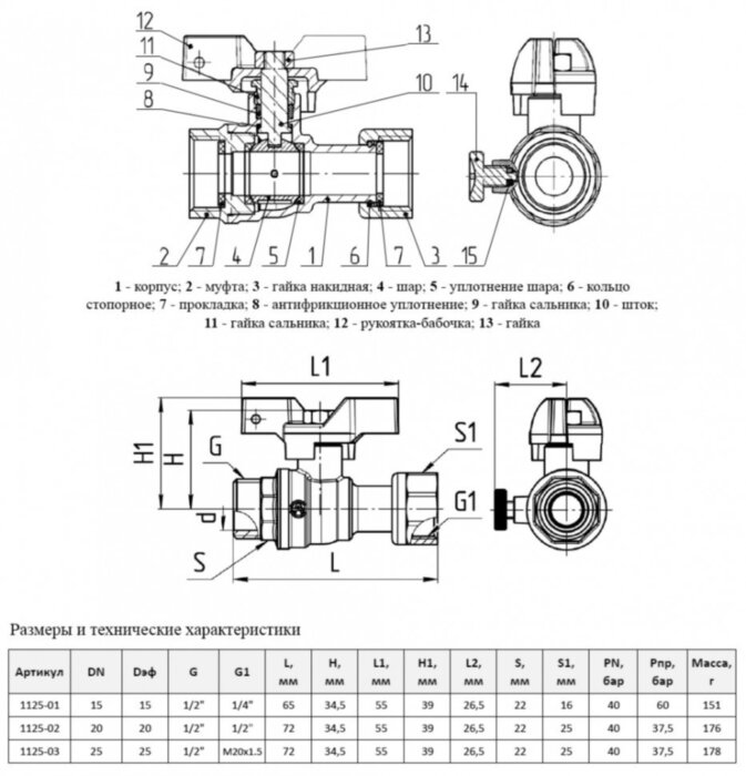 Кран шаровой латунный для манометра Aquasfera Standard 1125 DN 20 PN 40 резьба - 1/2''x1/2'', покрытие - никель, полнопроходной резьбовой НР-ВР с накидной гайкой, ручка-бабочка белая 1125-02