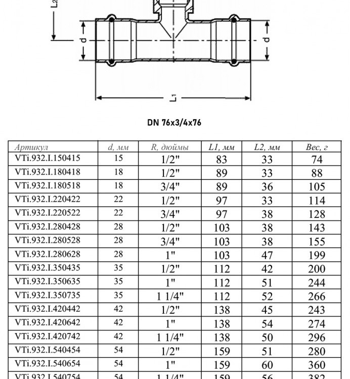 Тройник переходной VALTEC VTi.932.I ВР 3/4" DN 76x20x76 PN 16 нержавеющая сталь 2
