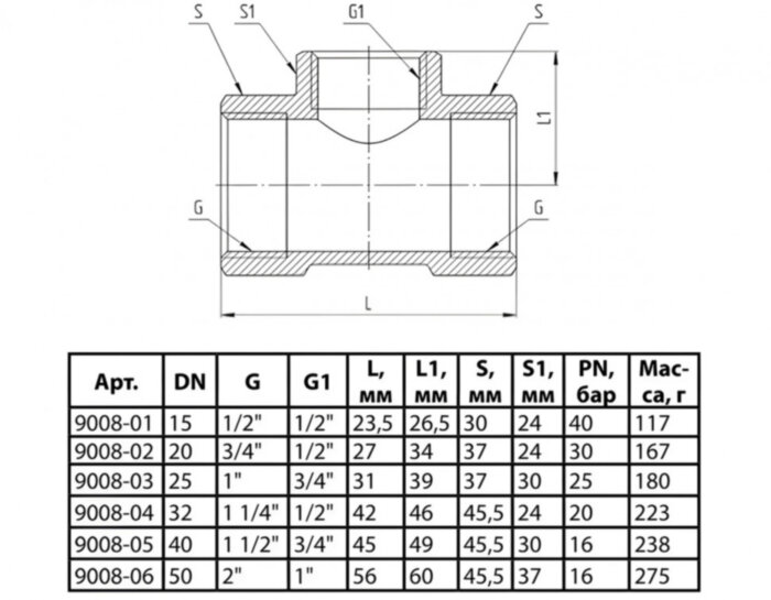 Тройник переходной латунный Aquasfera 9008 DN 20x25 PN 25 резьба - 3/4''x1'', покрытие - никель, резьбовой ВР-ВР-ВР, 9008-03