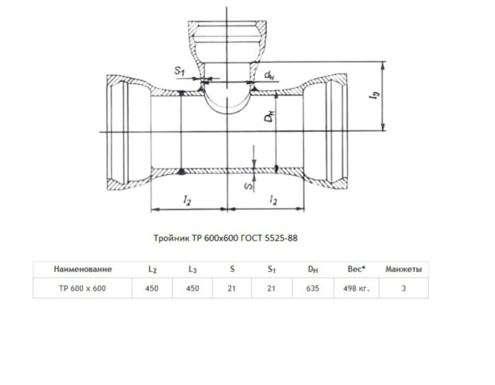 Тройник ТР Ду 600х600 ВЧШГ ГОСТ 5525-88 чугунный раструбный