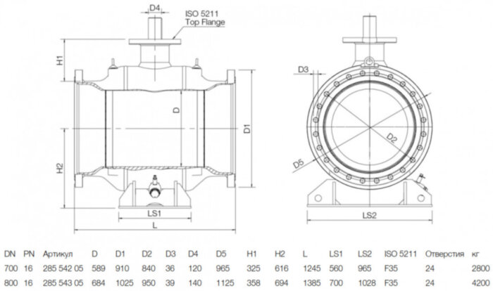 Кран шаровой NAVAL 28554205 DN 700 PN 16 стальной стандартнопроходный фланцевый