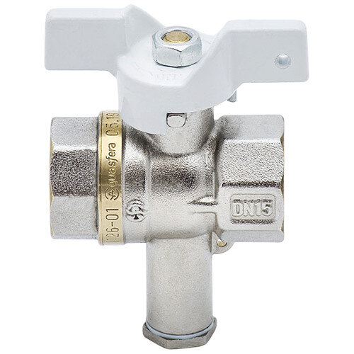 Кран шаровой латунный с отводом для подключения термодатчика Aquasfera Standard 1126 DN 15 PN 40 резьба - 1/2'', покрытие - никель, полнопроходной резьбовой ВР-ВР, ручка-бабочка белая 1126-01