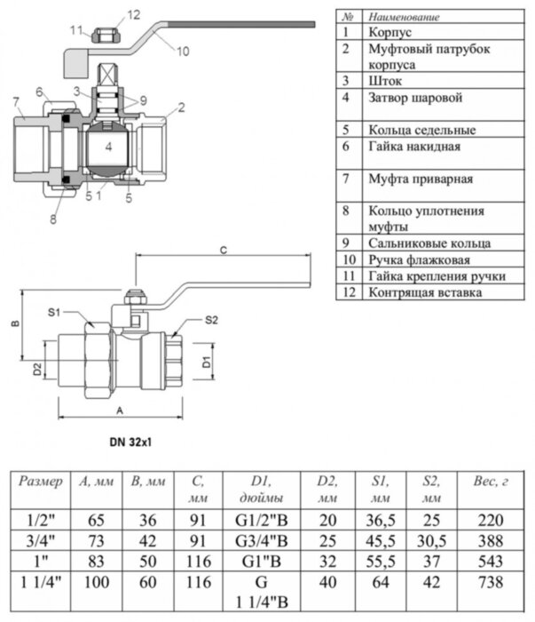 Кран шаровый VALTEC VTp.742 ВР 1" DN 32x25 PN 25 переходной латунный