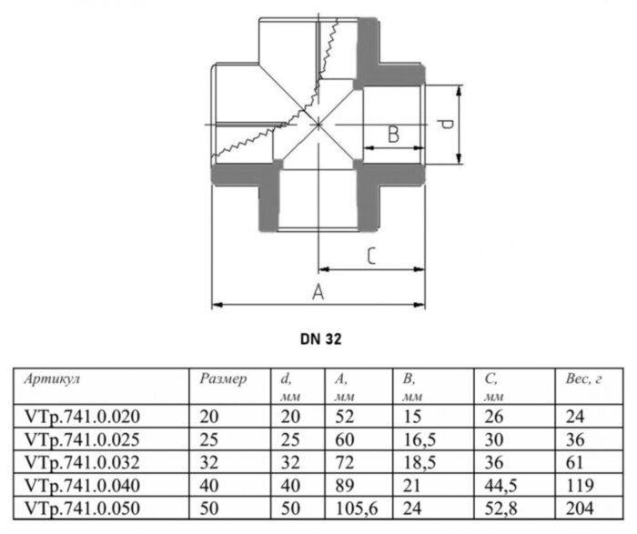 Крестовина VALTEC VTp.741 DN 32 PN 25 полипропиленовая