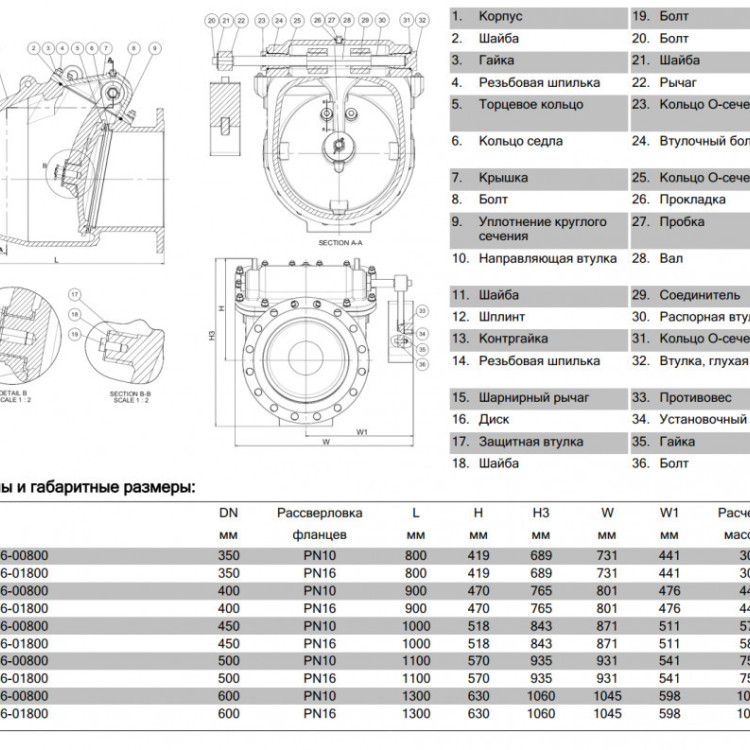 Клапан AVK 41/36 DN 350 PN 10 обратный поворотный с металлическим уплотнением фланцевый 2