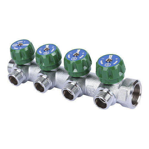 Коллектор распределительный STOUT SMB 6849 4 отвода ВР-НР 3/4"х1/2" DN 20 PN 16 с регулирующими клапанами плоское уплотнение