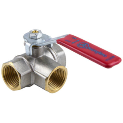 Кран шаровой латунный трехходовой Aquasfera EURO 1020 DN 15 PN 40 резьба - 1/2'', покрытие - никель, полнопроходной резьбовой ВР-ВР-ВР, ручка-рычаг красная 1020-01