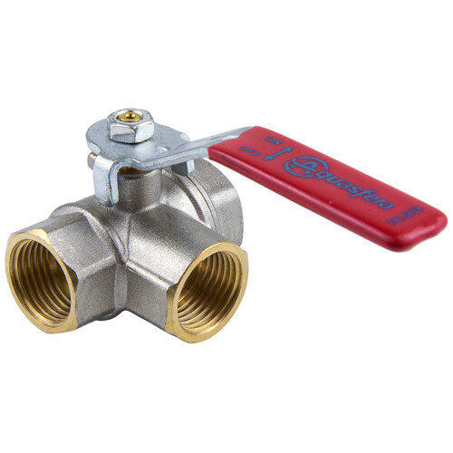 Кран шаровой латунный трехходовой Aquasfera EURO 1020 DN 15 PN 40 резьба - 1/2'', покрытие - никель, полнопроходной резьбовой ВР-ВР-ВР, ручка-рычаг красная 1020-01