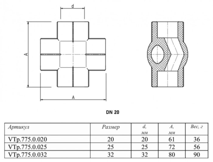 Крестовина VALTEC VTp.775 DN 20 PN 25 полипропиленовая