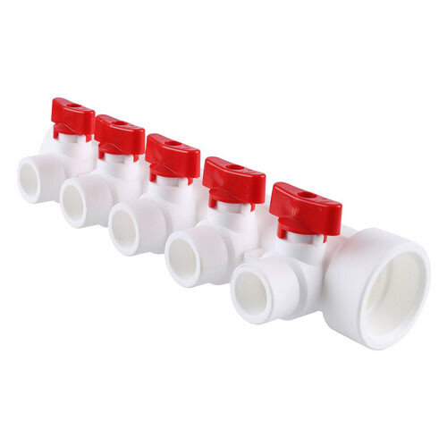 Коллектор распределительный Kalde 3262-mnr-400520 5 отводов DN 40 PN 25 с шаровыми кранами красная рукоятка