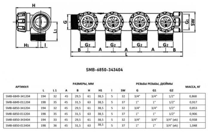 Коллектор распределительный STOUT SMB 6850 4 отвода ВР-НР 3/4" DN 20 PN 16 с регулирующими клапанами