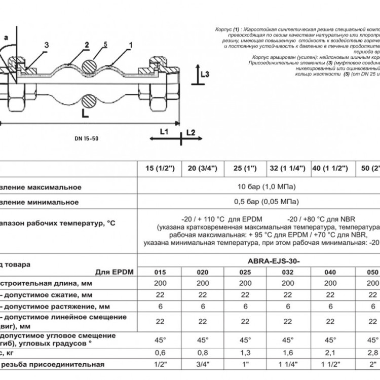 Гибкая вставка ABRA EJS-30 ВР 1" DN 25 PN 10 антивибрационная резьбовая 2