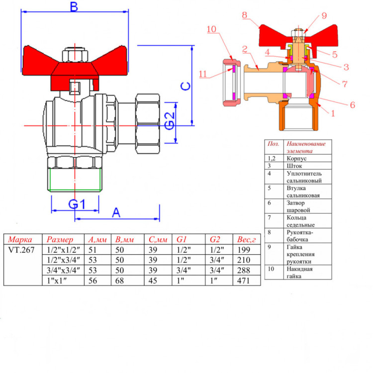 Кран шаровой VALTEC 1/2" Ду15 Ру40 угловой с накидной гайкой 3/4" и наружной резьбой VT.267.N.0405 4