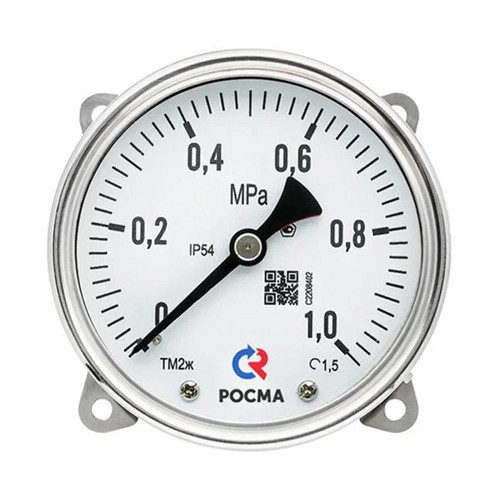 Манометр РОСМА ТМ2ж-520ТЭКТ (0...1,6 MПa) Дкорп=100мм кл. 1,5 2хM12х1,5 железнодорожный двухштуцерный без подсветки, эксцентрический 00000041496 1