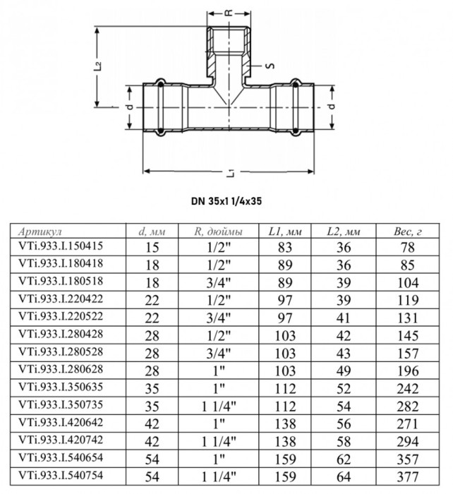 Тройник переходной VALTEC VTi.933.I НР 1 1/4" DN 35x32x35 PN 16 нержавеющая сталь