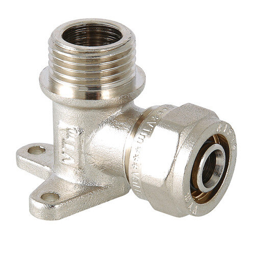 Угольник 90 градусов VALTEC VTm.355 НР 1/2" DN 16x15 PN 10 с креплением латунный никелированный