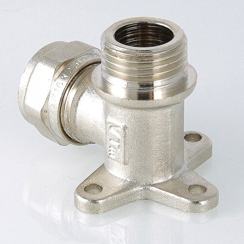 Угольник 90 градусов VALTEC VTm.355 НР 1/2" DN 16x15 PN 10 с креплением латунный никелированный