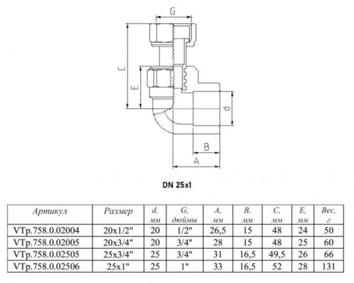 Угольник 90 градусов VALTEC VTp.758 ВР 1" DN 25 PN 25 с накидной гайкой полипропиленовый комбинированный