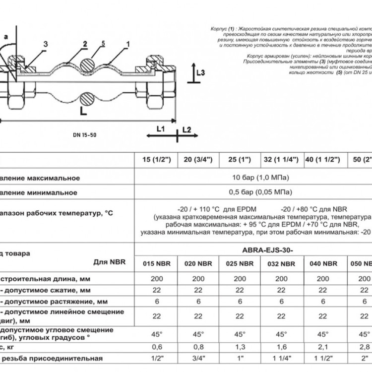 Гибкая вставка ABRA EJS-30 ВР 1" DN 25 PN 10 антивибрационная резьбовая 2