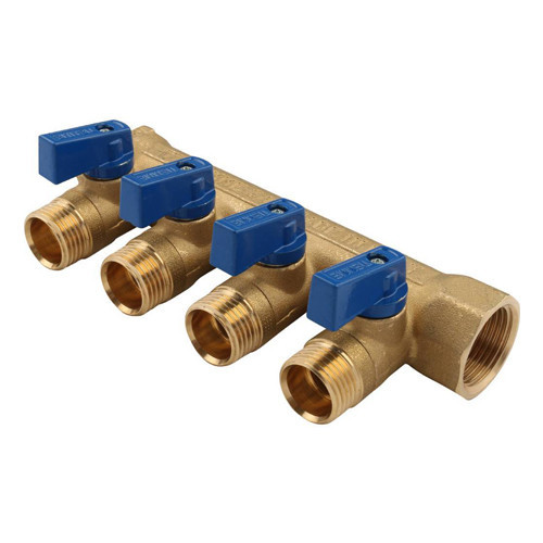 Коллектор распределительный Tiemme Nino 1820016 4 отвода ВР-НР 3/4"х1/2" DN 20 PN 16 с шаровыми кранами синяя рукоятка модульный