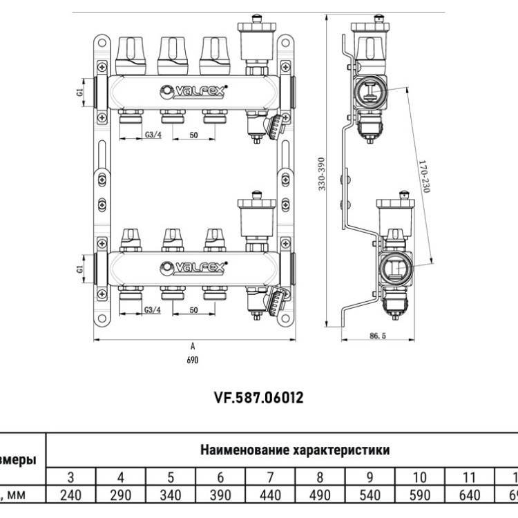 Коллекторная группа VALFEX VF.587.06012 12-ти контурный ВР-НР 1"x3/4" DN 25 PN 10 с дренажными кранами и регулирующими, балансировочными клапанами 2