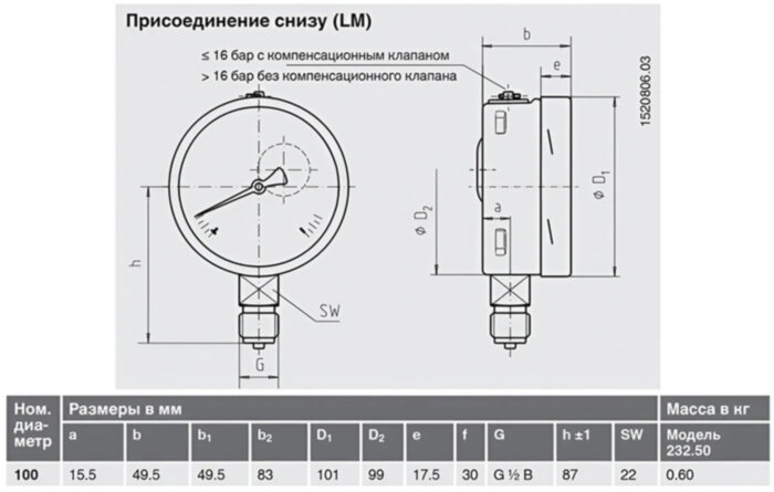 Манометр 232.50.100 радиальный Дк100мм 0-6 бар кл.1,0 G1/2" Wika 9050205 (36509689)
