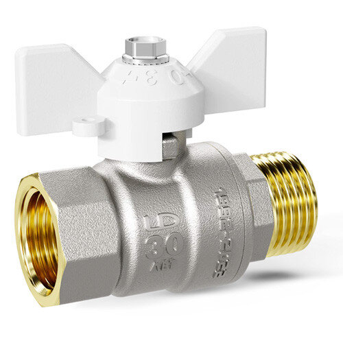 Кран шаровой латунный LD Pride 47.25.В-Н.Б Ду 25 Ру 40 резьба (ВР-НР) 1", никелированный с белой бабочкой, неполнопроходный